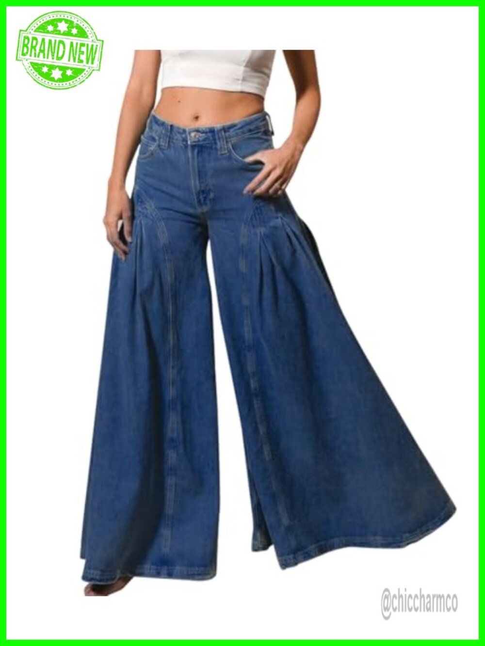 High Waist Bell Bottom Flare Wide Leg Pleated Denim Jeans